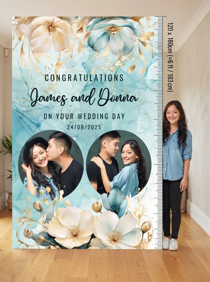 Person standing beside the Teal and Gold Flower Theme Wedding Mega Card for scale in a size guide