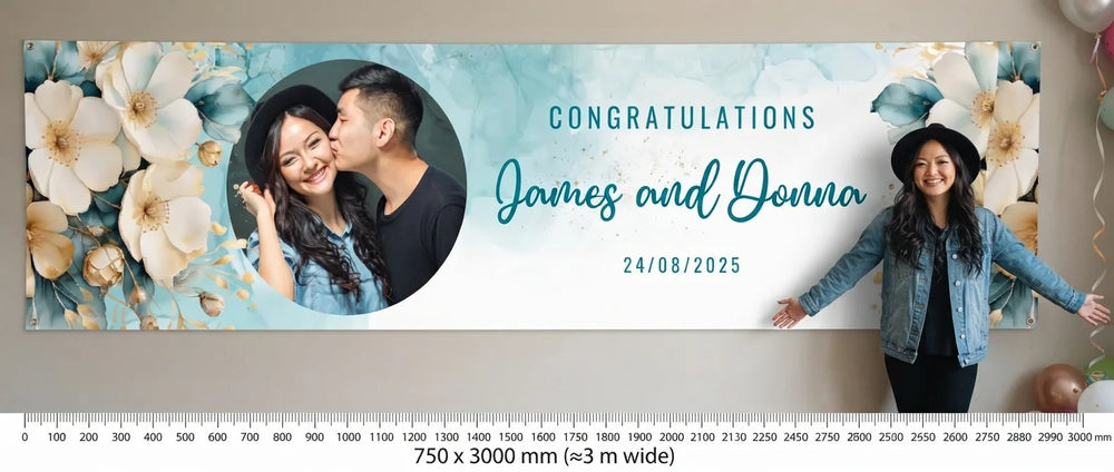 Person standing beside the Teal and Gold Flower Theme Wedding for scale, with size guide showing 750 x 3000 mm