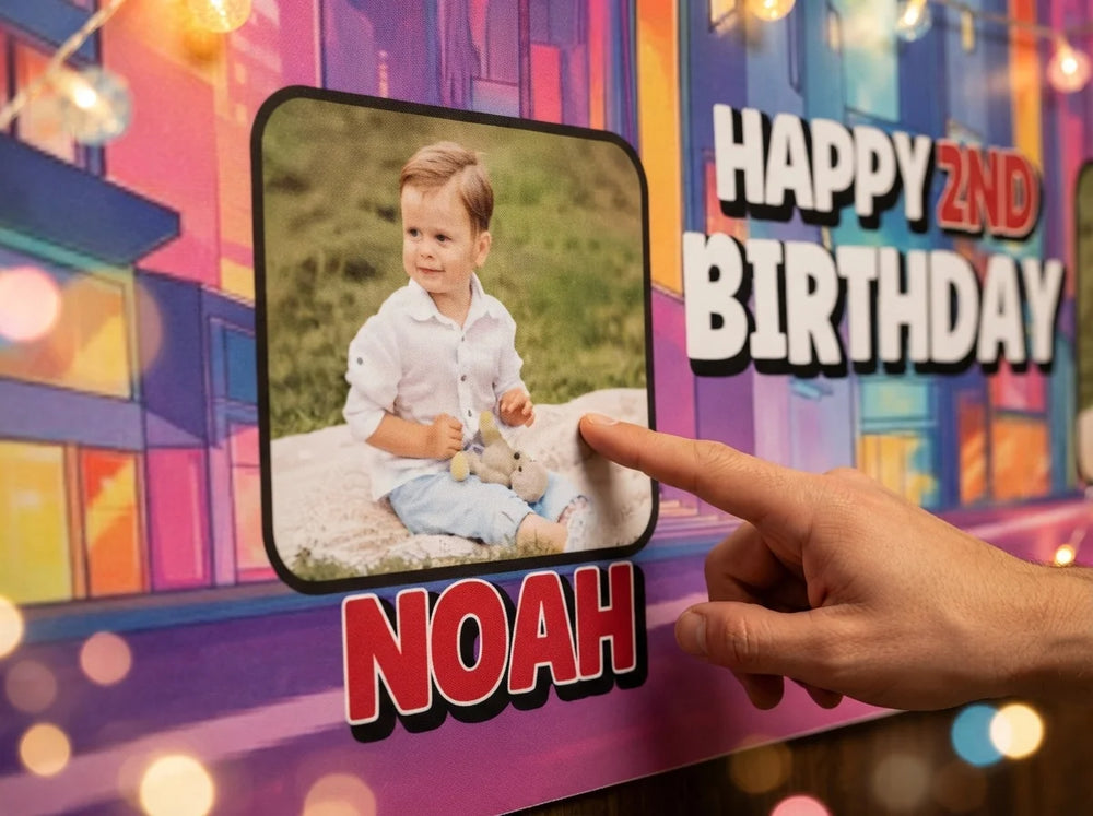 Close-up of the personalised name and photo printed on the Teen Titans Go Birthday Banner
