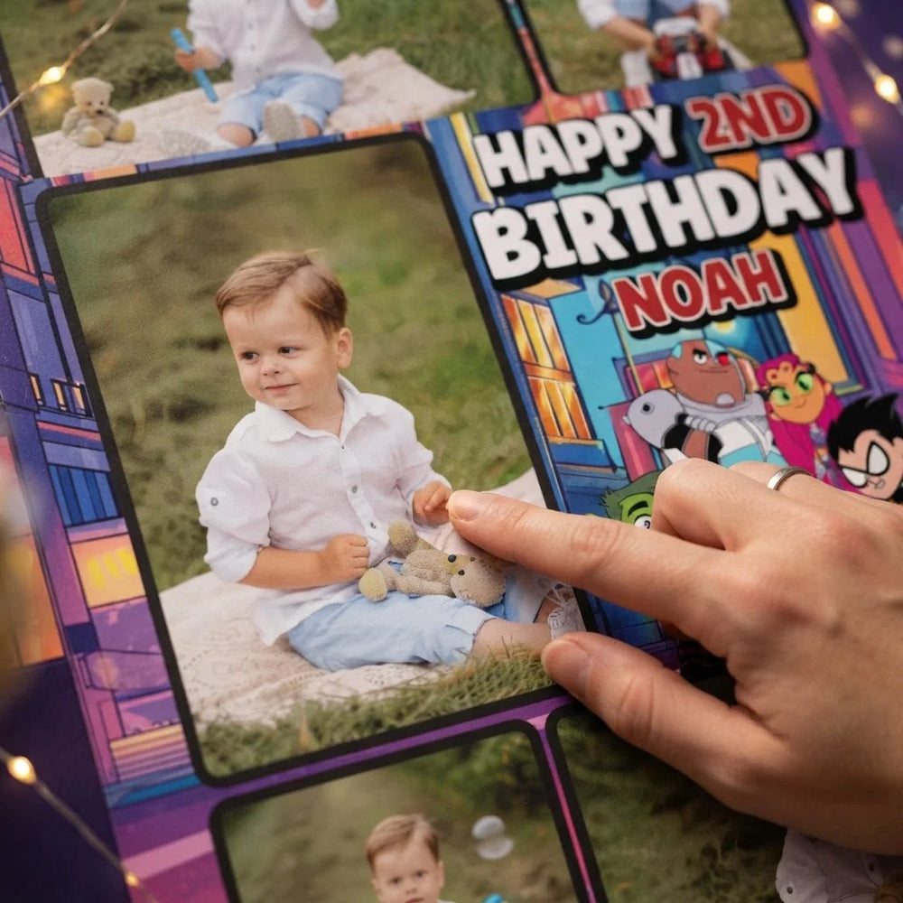 Close-up of the personalised name and photo printed on the Teen Titans Go Mega Card
