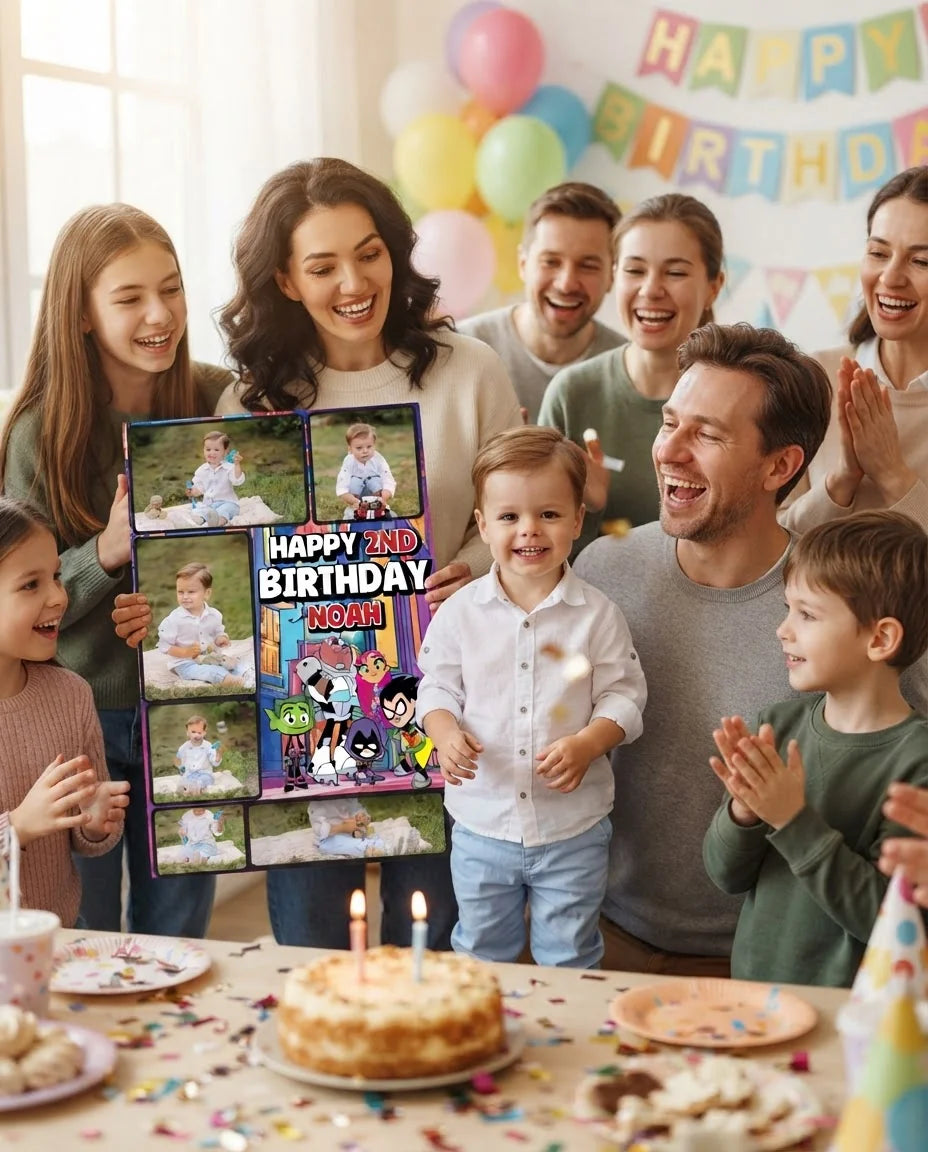 Friends and family celebrating with the personalised Teen Titans Go Mega Card
