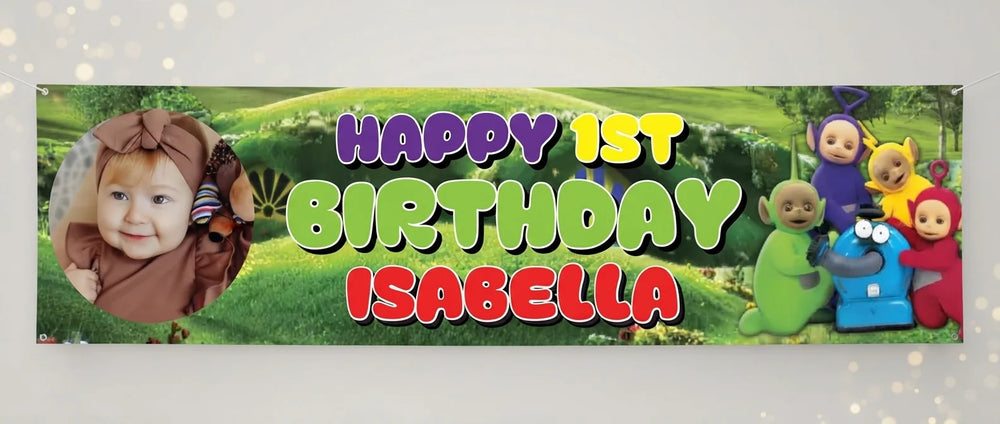 Personalised Teletubbies Birthday Banner displayed against a plain studio background