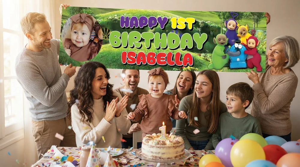 Friends and family celebrating with the personalised Teletubbies Birthday Banner