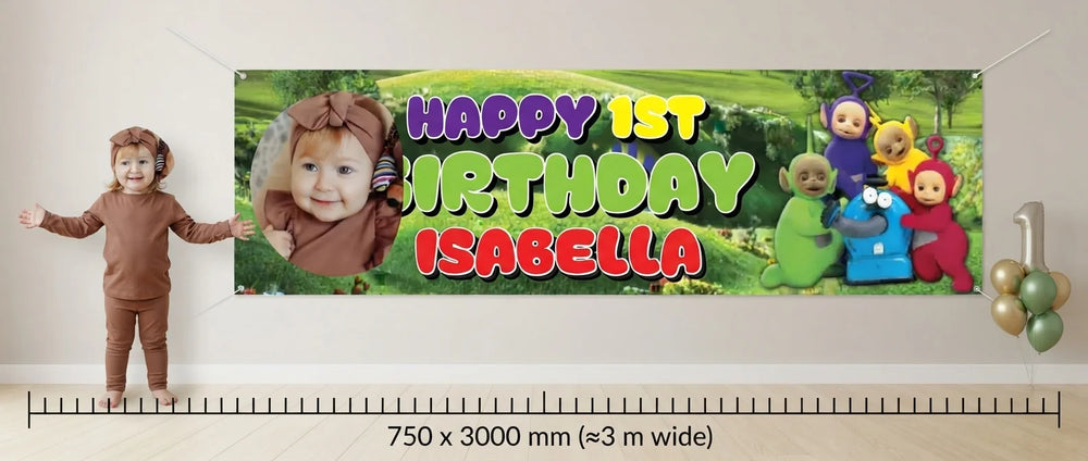 Person standing beside the Teletubbies Birthday Banner for scale, with size guide showing 750 x 3000 mm