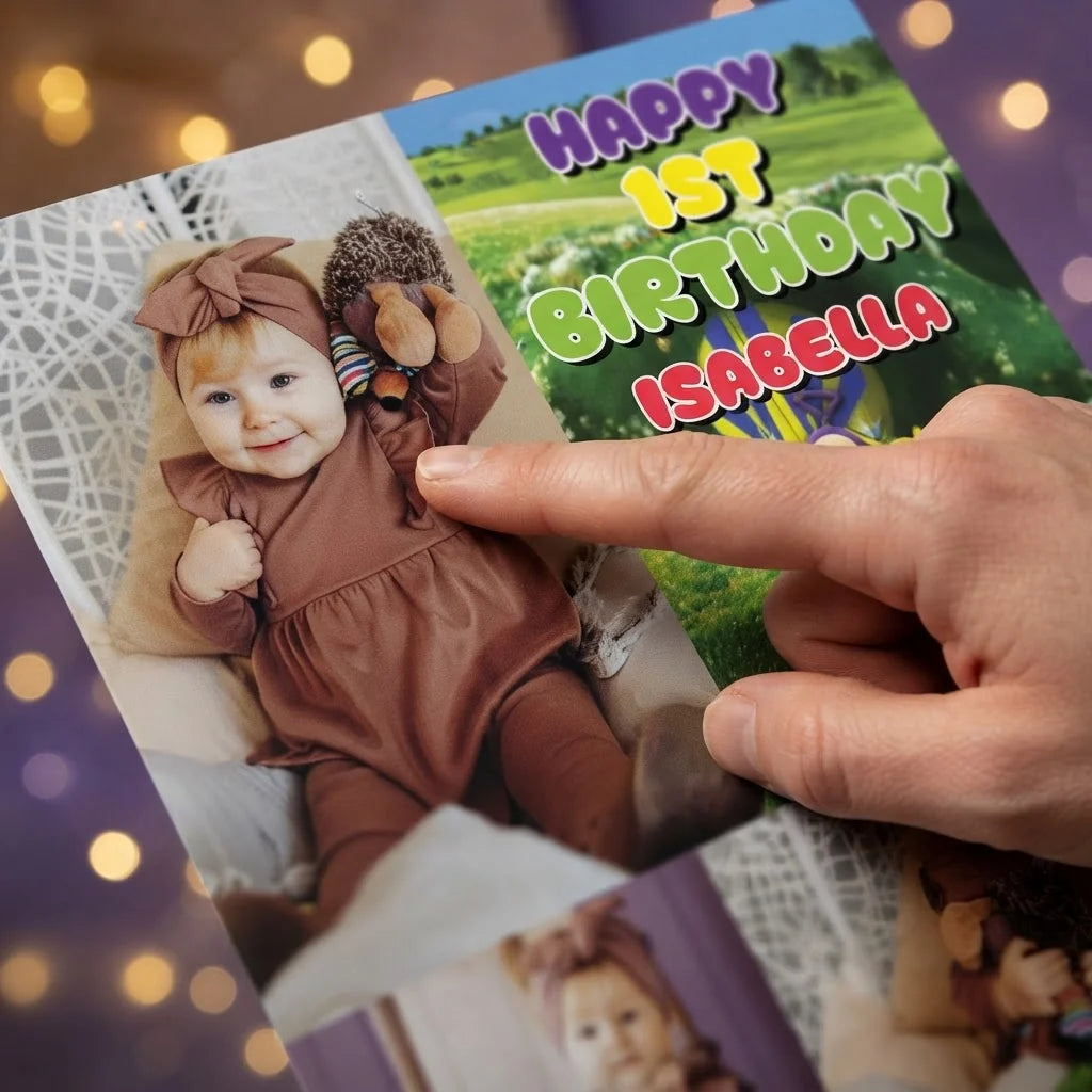 Close-up of the personalised name and photo printed on the Teletubbies Mega Card