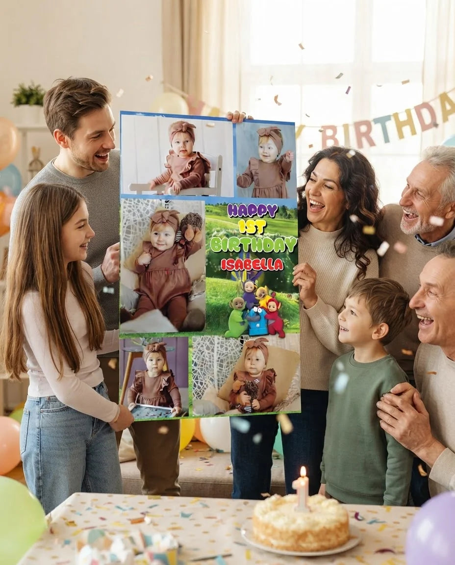 Friends and family celebrating with the personalised Teletubbies Mega Card