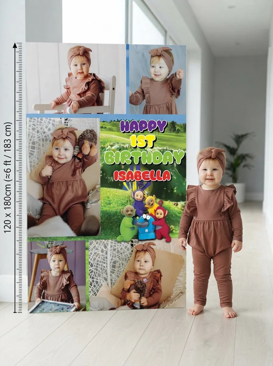 Person standing beside the Teletubbies Mega Card for scale in a size guide
