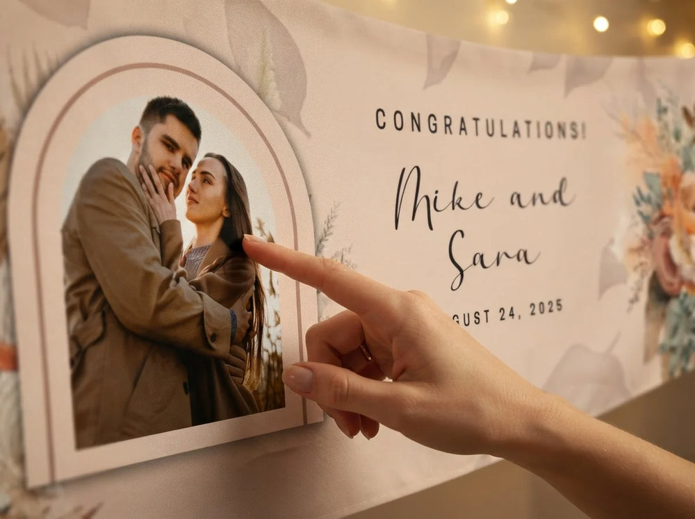 Close-up of the personalised name and photo printed on the Terracotta Theme Wedding Banner