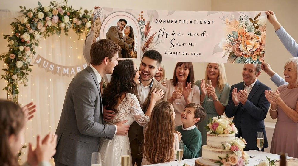 Friends and family celebrating with the personalised Terracotta Theme Wedding Banner
