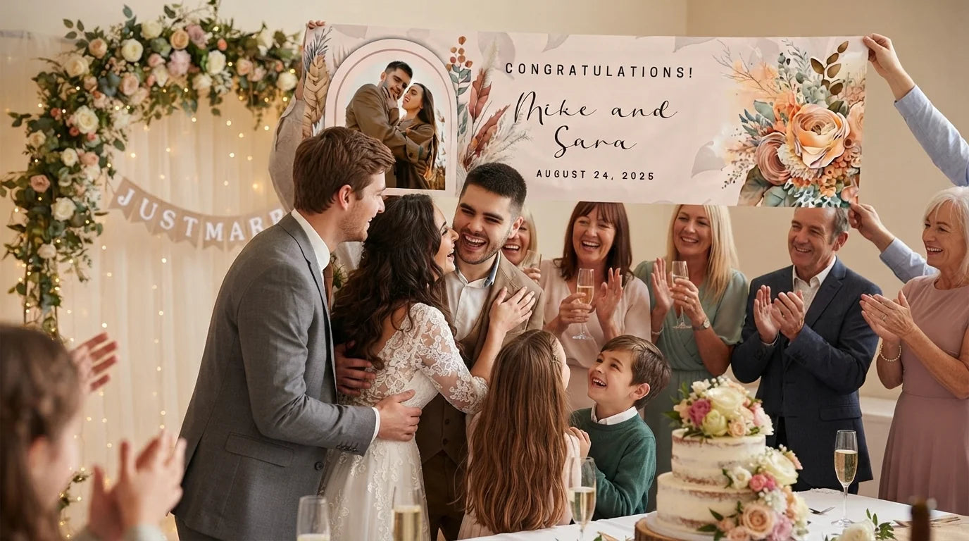 Friends and family celebrating with the personalised Terracotta Theme Wedding Banner