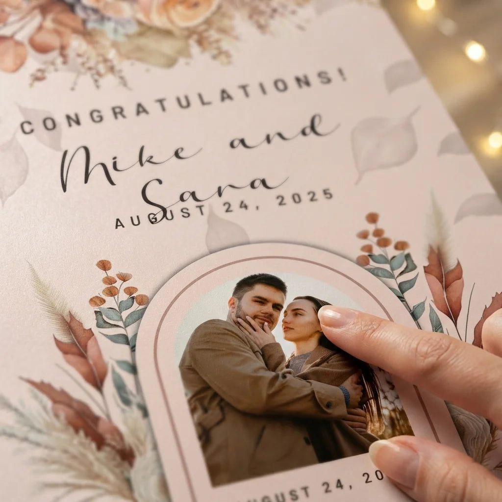 Close-up of the personalised name and photo printed on the Terracotta Theme Wedding Mega Card