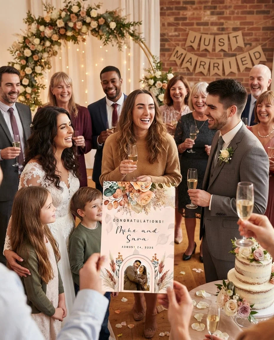 Friends and family celebrating with the personalised Terracotta Theme Wedding Mega Card