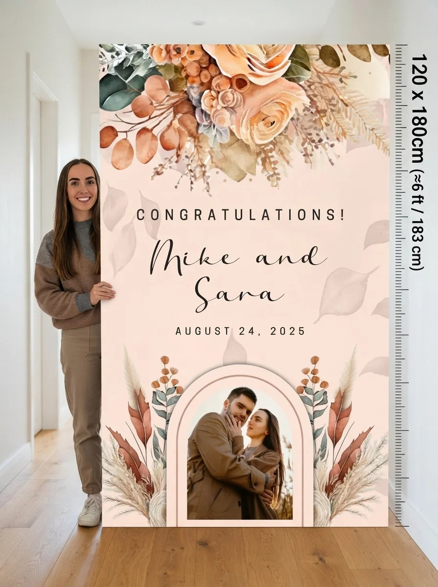 Person standing beside the Terracotta Theme Wedding Mega Card for scale in a size guide