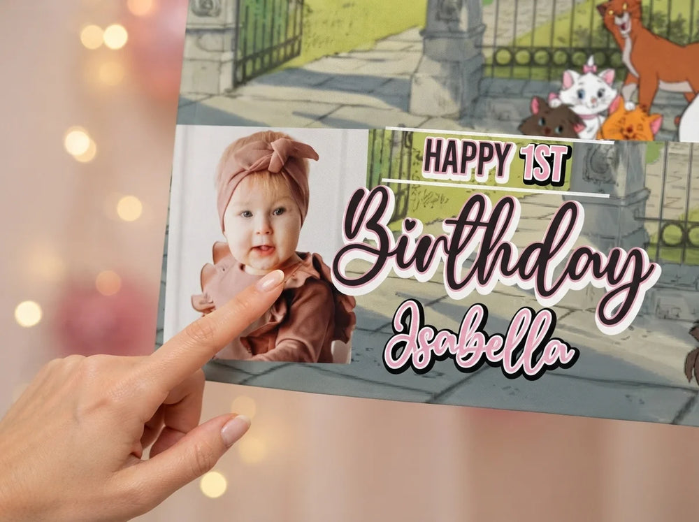 Close-up of the personalised name and photo printed on the The Aristocats Birthday Banner