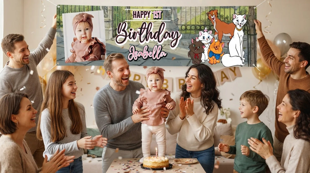 Friends and family celebrating with the personalised The Aristocats Birthday Banner