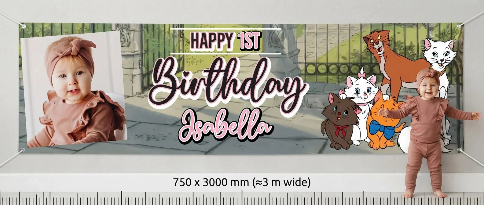 Person standing beside the The Aristocats Birthday Banner for scale, with size guide showing 750 x 3000 mm