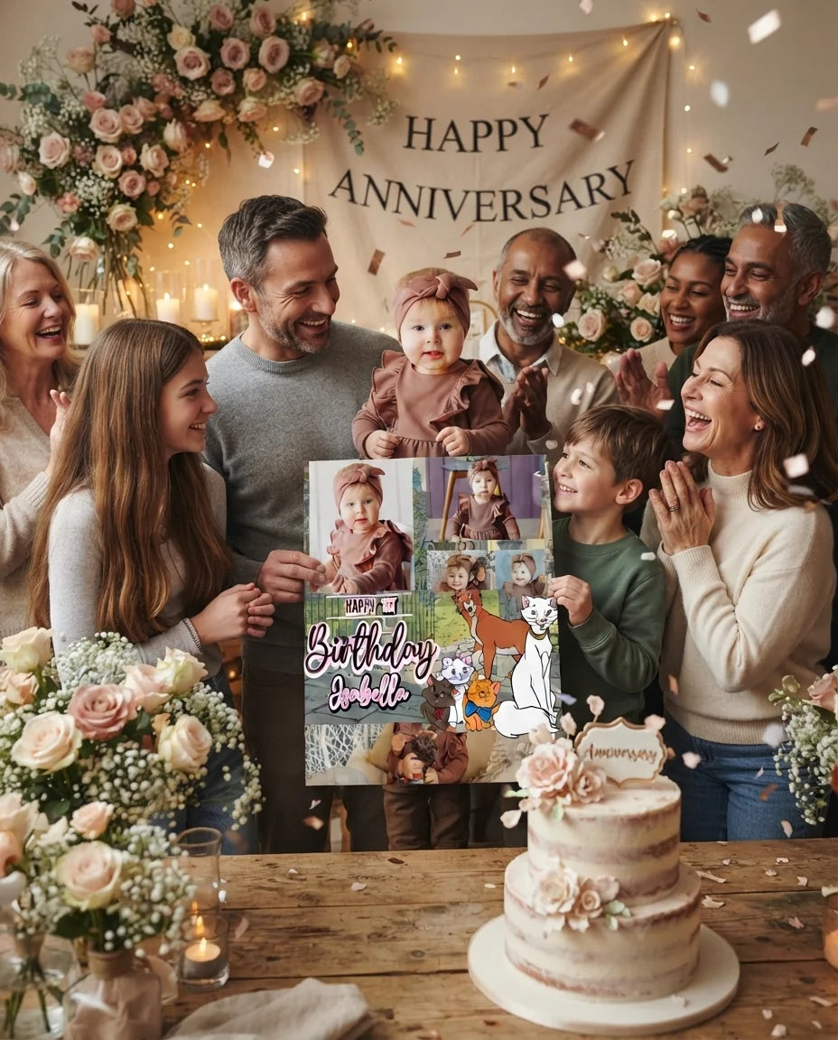 Friends and family celebrating with the personalised The Aristocats Mega Card