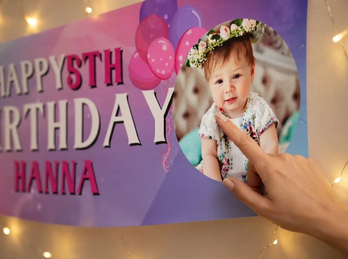 Close-up of the personalised name and photo printed on the The Clangers Birthday Banner