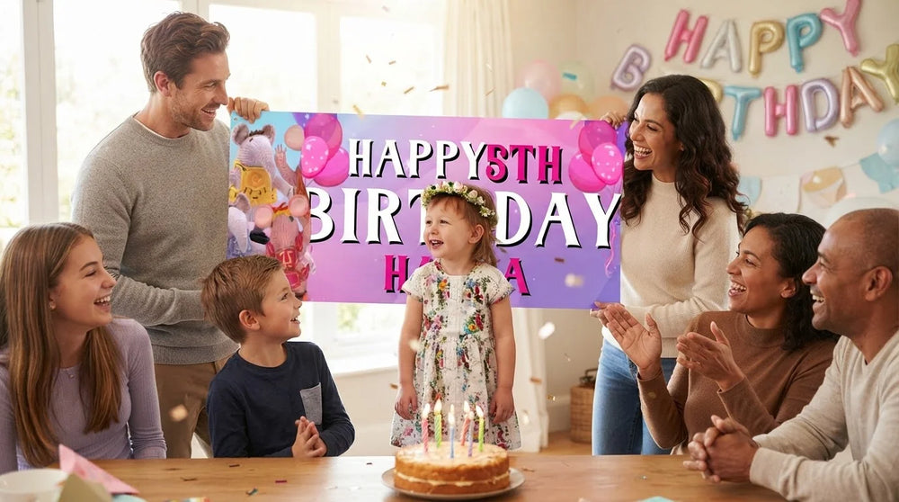 Friends and family celebrating with the personalised The Clangers Birthday Banner