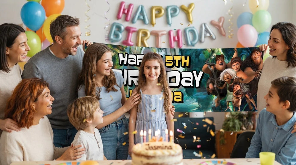 Friends and family celebrating with the personalised The Croods Birthday Banner