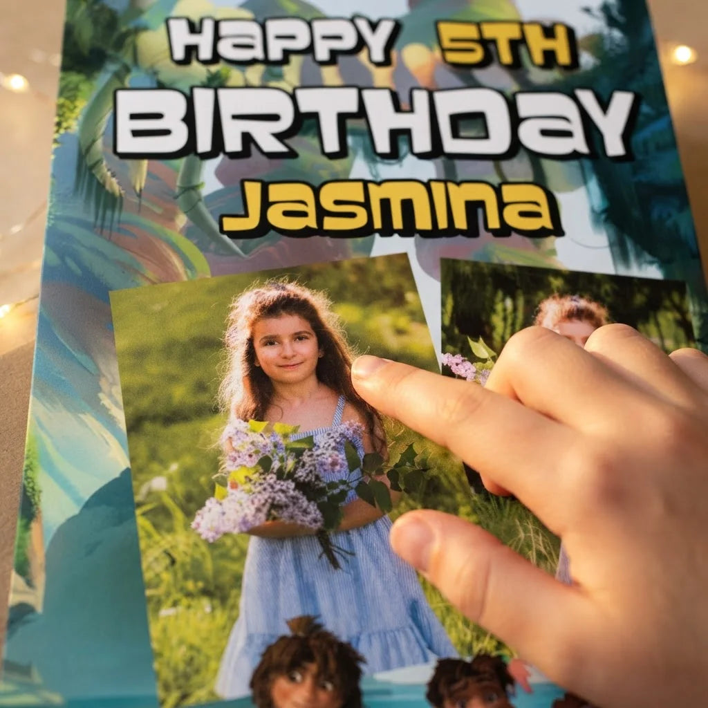 Close-up of the personalised name and photo printed on the The Croods Mega Card