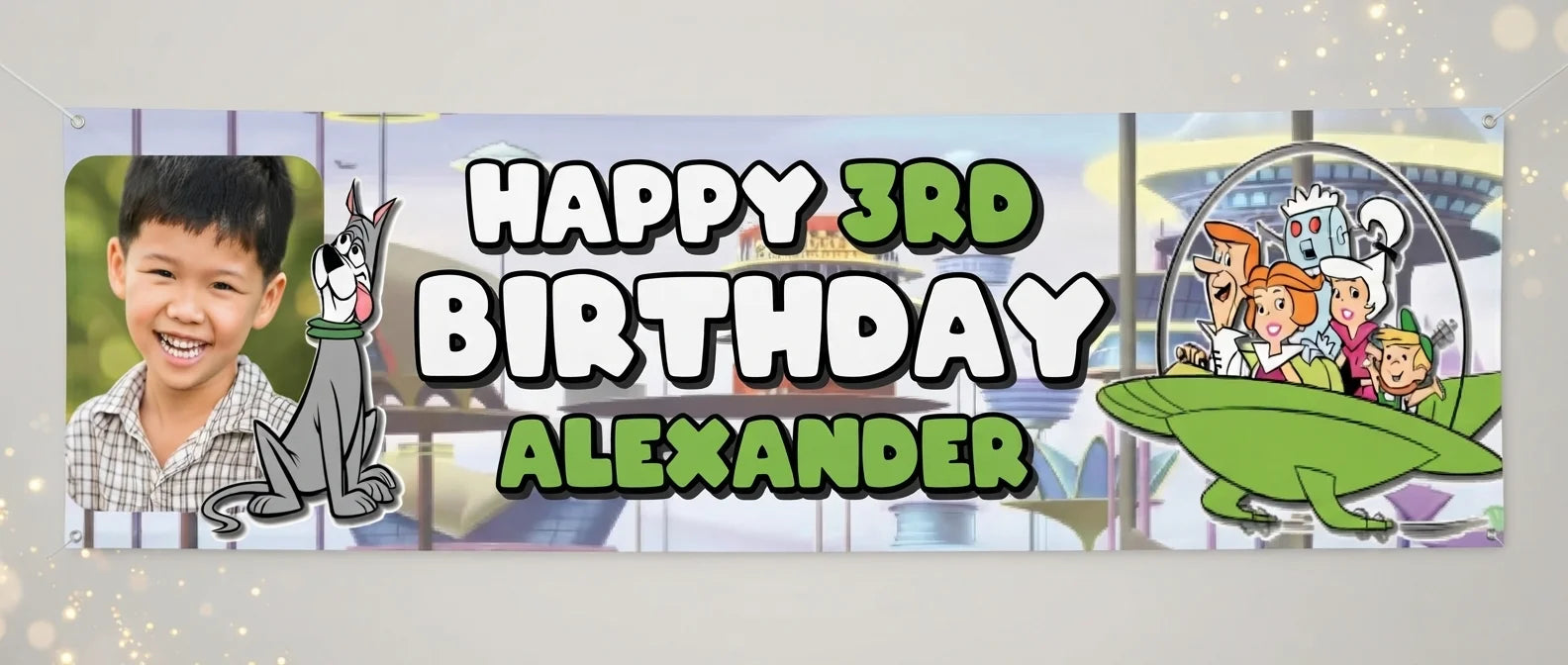 Personalised The Jetsons Birthday Banner displayed against a plain studio background