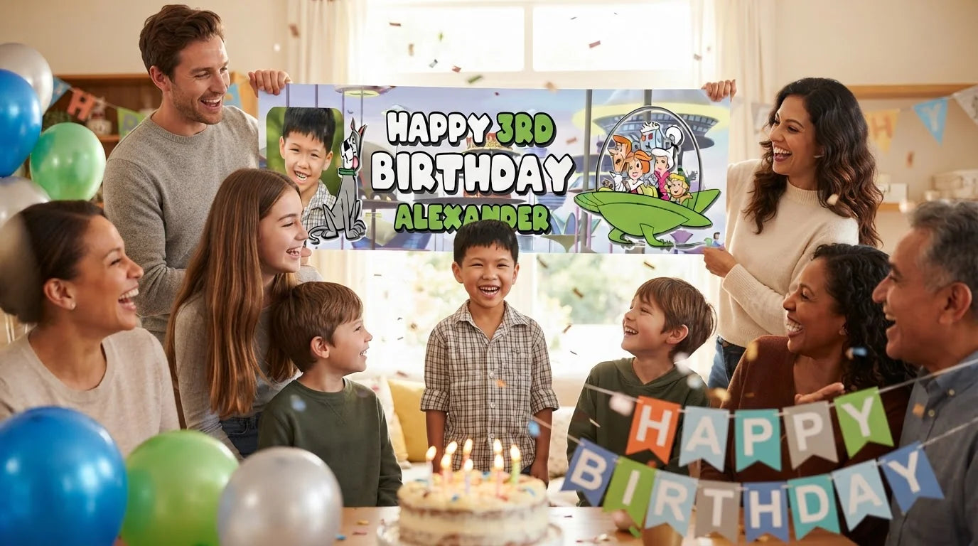 Friends and family celebrating with the personalised The Jetsons Birthday Banner