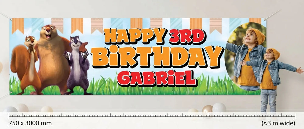 Person standing beside the The Nut Job Birthday Banner for scale, with size guide showing 750 x 3000 mm