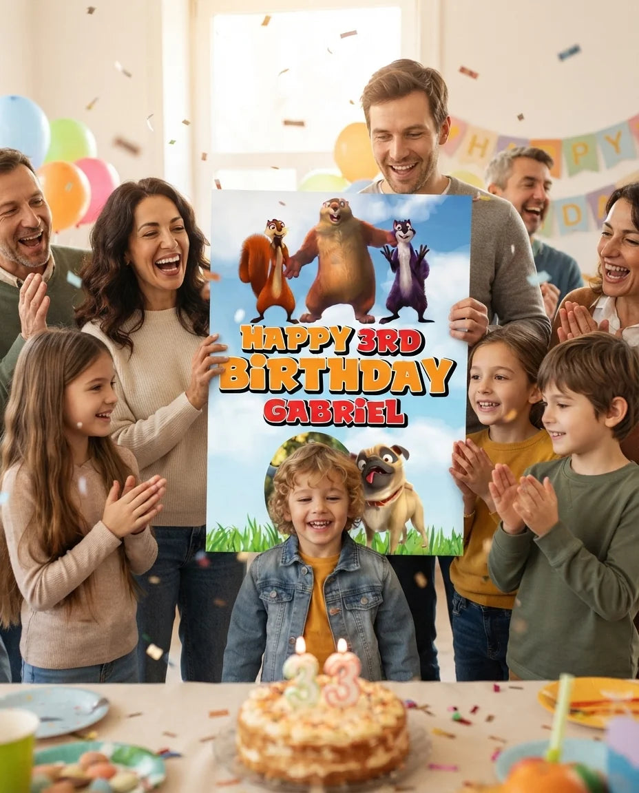 Friends and family celebrating with the personalised The Nut Job Mega Card