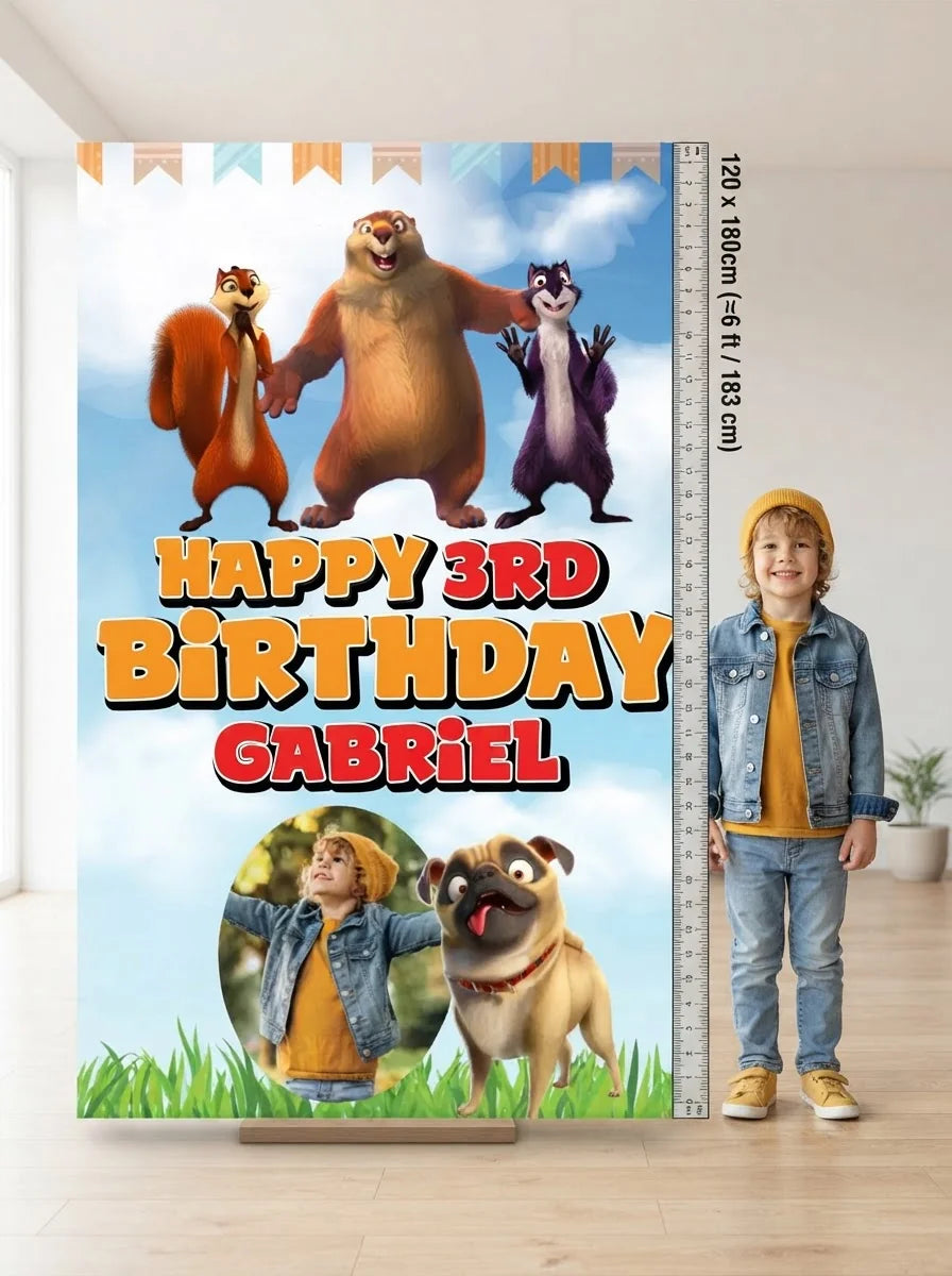 Person standing beside the The Nut Job Mega Card for scale in a size guide