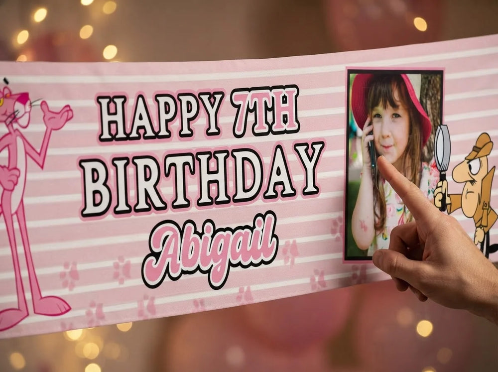 Close-up of the personalised name and photo printed on the The Pink Panther Birthday Banner