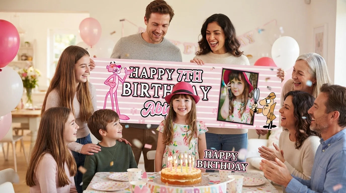 Friends and family celebrating with the personalised The Pink Panther Birthday Banner