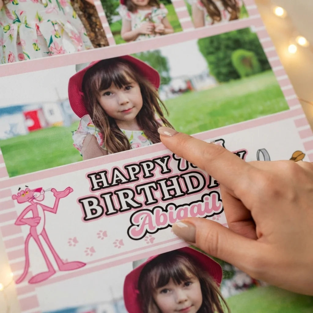 Close-up of the personalised name and photo printed on the The Pink Panther Mega Card