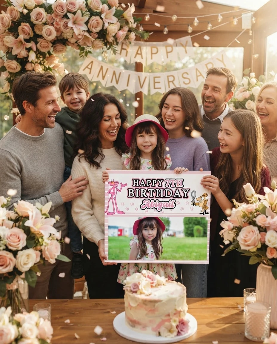 Friends and family celebrating with the personalised The Pink Panther Mega Card