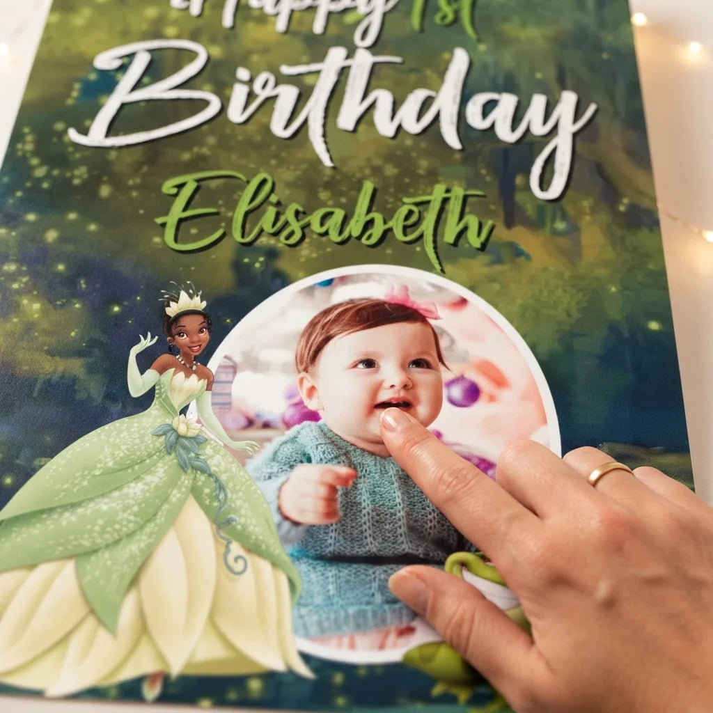 Close-up of the personalised name and photo printed on the The Princess and The Frog Mega Card