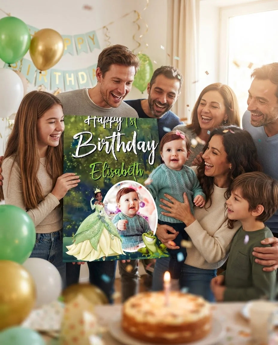 Friends and family celebrating with the personalised The Princess and The Frog Mega Card