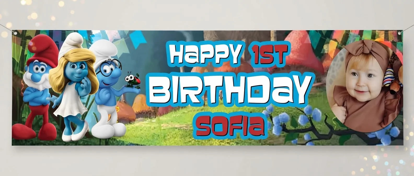 Personalised The Smurfs Birthday Banner displayed against a plain studio background