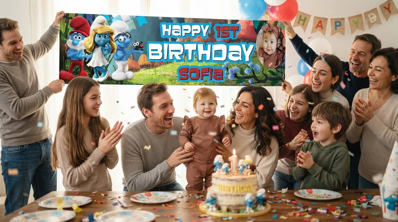 Friends and family celebrating with the personalised The Smurfs Birthday Banner