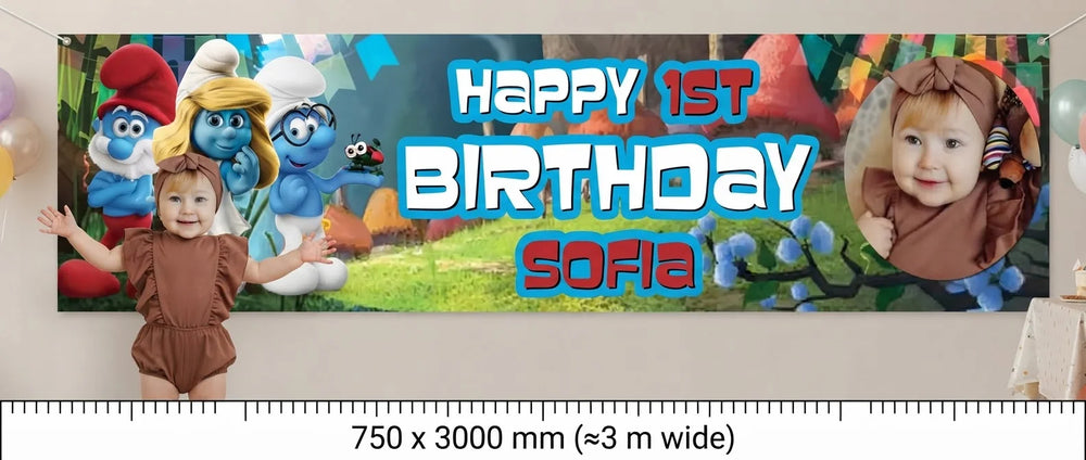 Person standing beside the The Smurfs Birthday Banner for scale, with size guide showing 750 x 3000 mm
