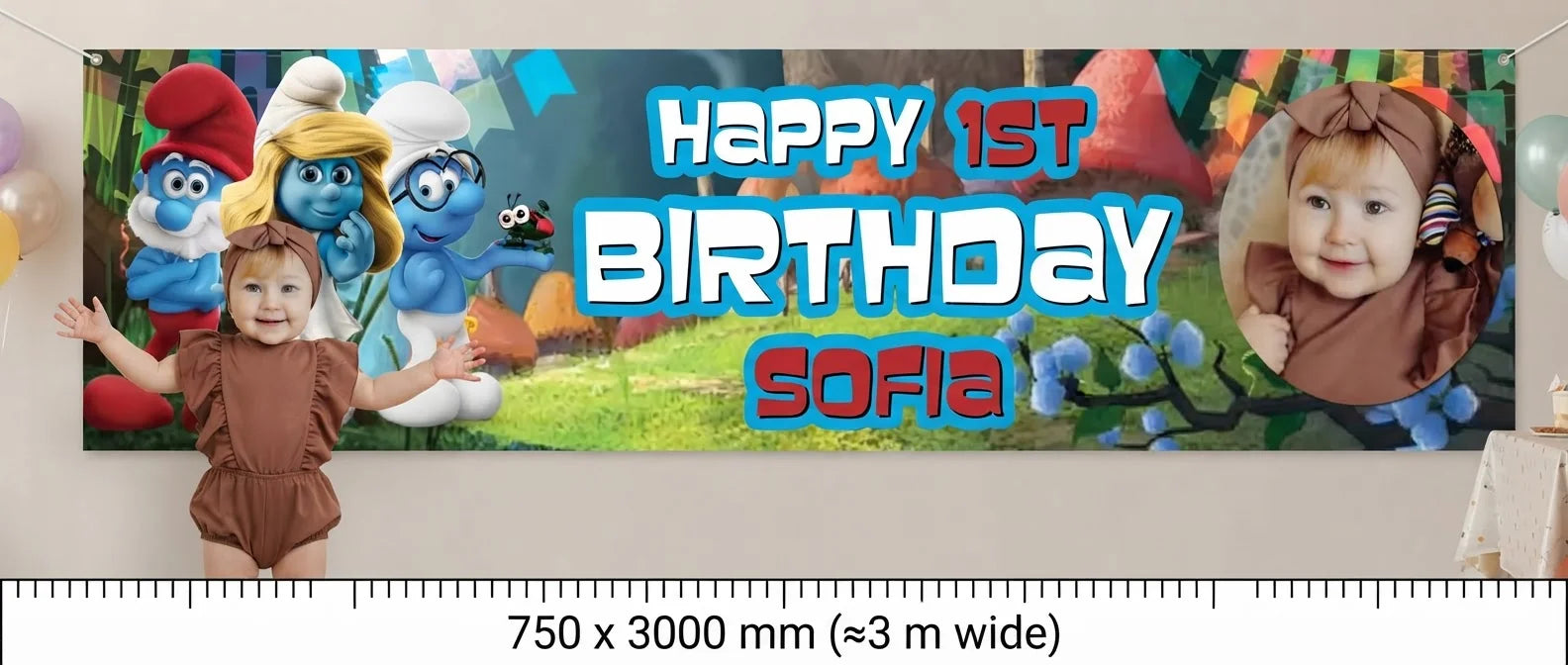 Person standing beside the The Smurfs Birthday Banner for scale, with size guide showing 750 x 3000 mm