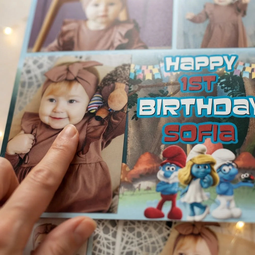 Close-up of the personalised name and photo printed on the The Smurfs Mega Card
