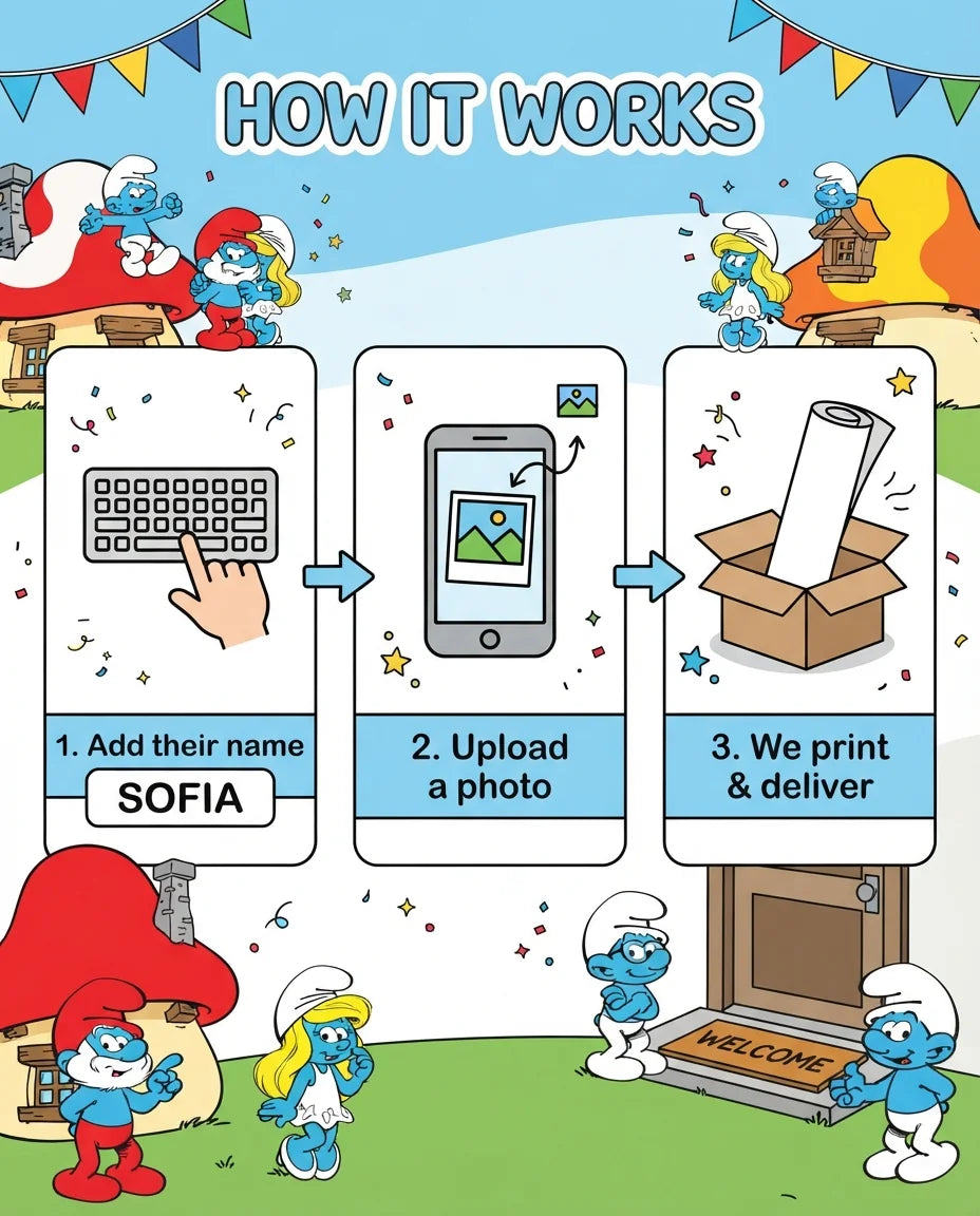 How it works: add a name, upload a photo, and we print and deliver the The Smurfs Mega Card