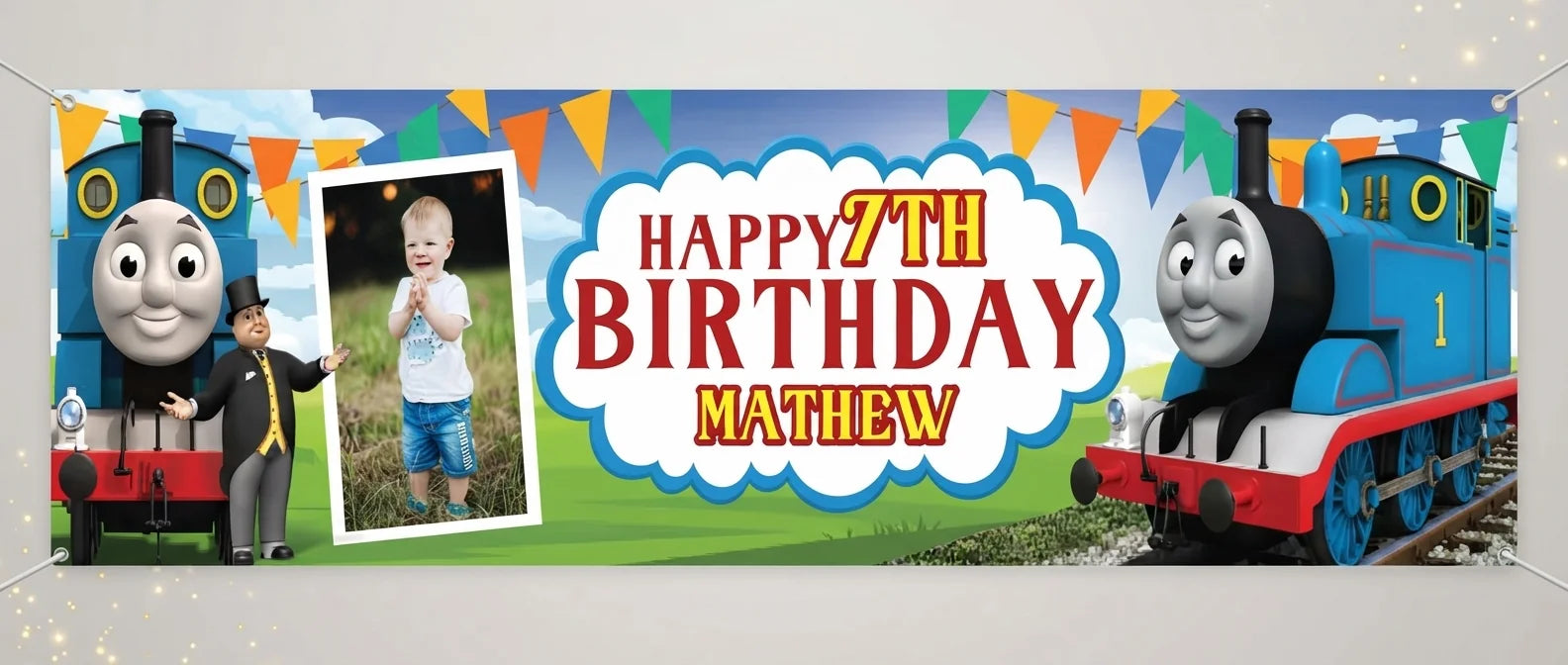 Personalised Thomas and Friends Birthday Banner displayed against a plain studio background