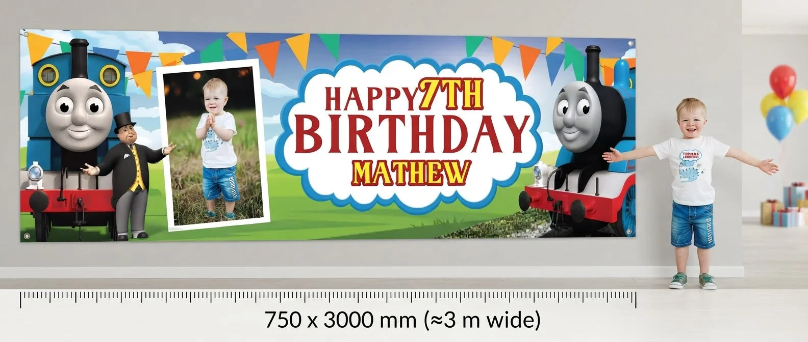 Person standing beside the Thomas and Friends Birthday Banner for scale, with size guide showing 750 x 3000 mm