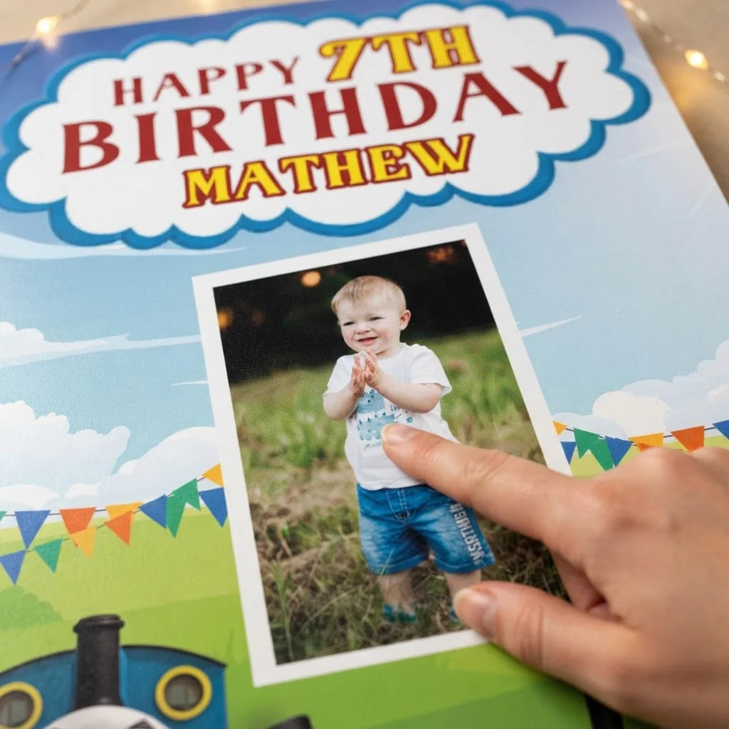 Close-up of the personalised name and photo printed on the Thomas Mega Card