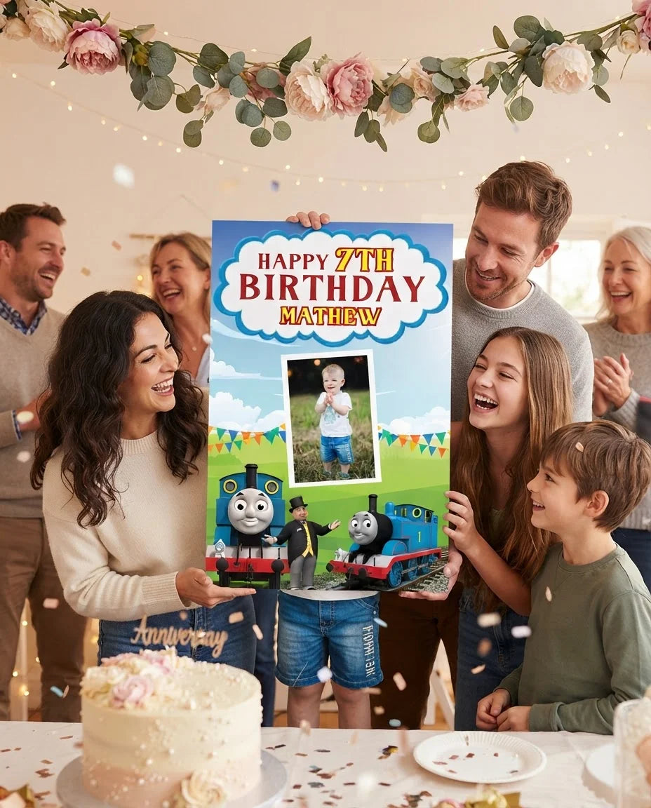 Friends and family celebrating with the personalised Thomas Mega Card