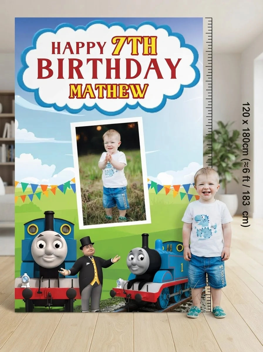 Person standing beside the Thomas Mega Card for scale in a size guide