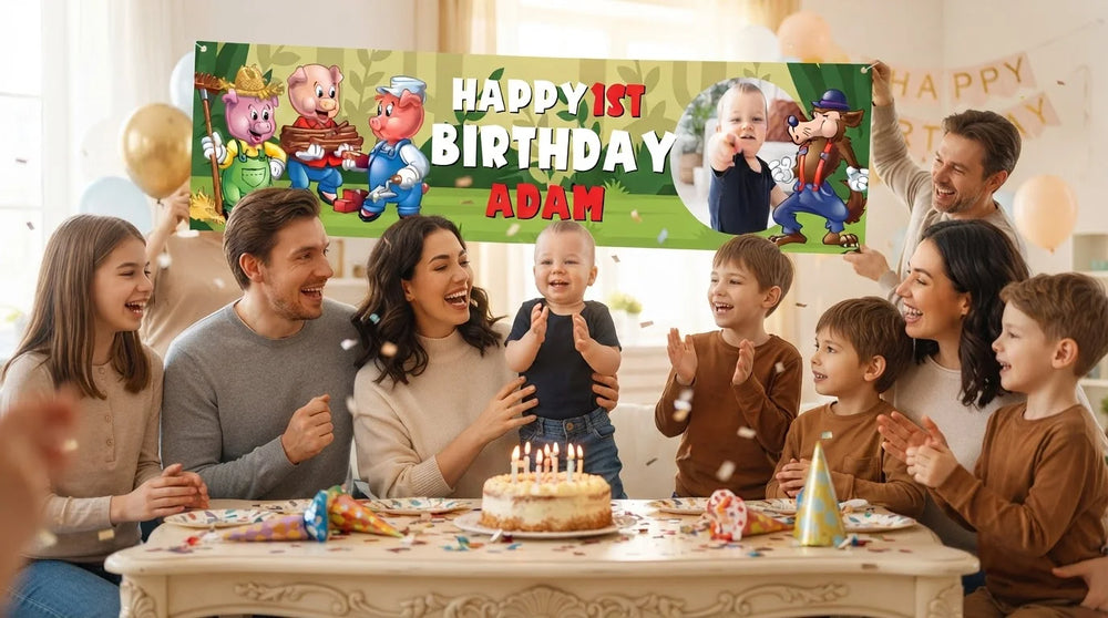 Friends and family celebrating with the personalised Three Little Pigs Birthday Banner