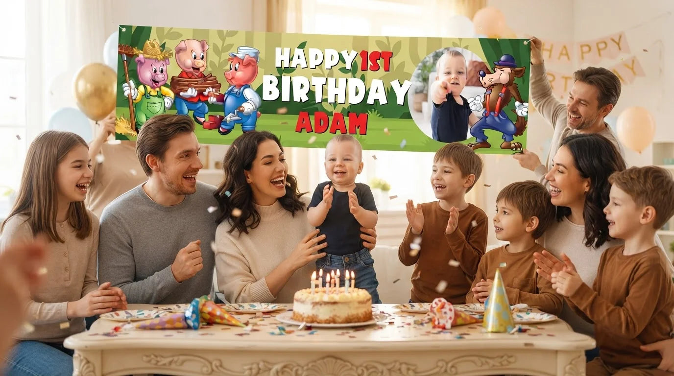 Friends and family celebrating with the personalised Three Little Pigs Birthday Banner