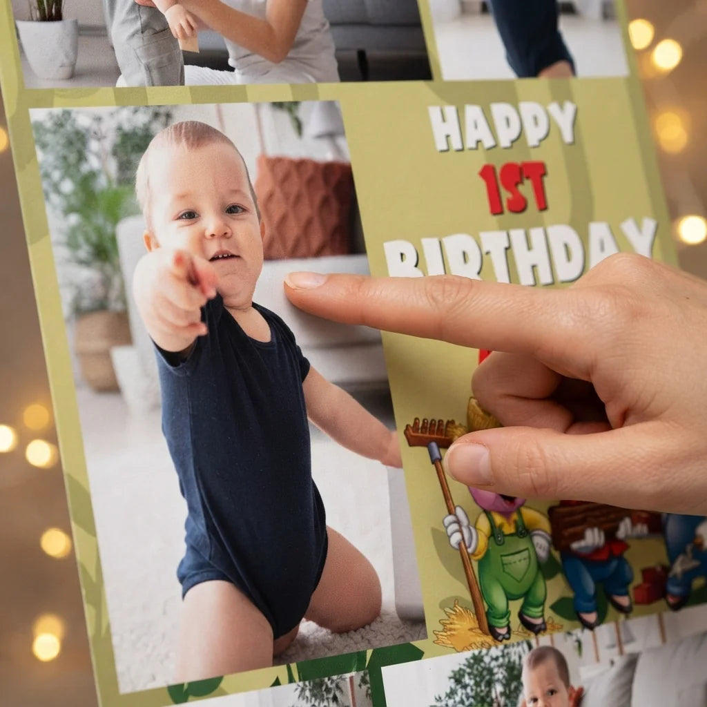 Close-up of the personalised name and photo printed on the Three Little Pigs Mega Card